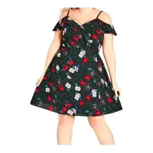 City Chic NWT Cold Shoulder Floral Spot Knee Length Wrap Dress Women’s 16